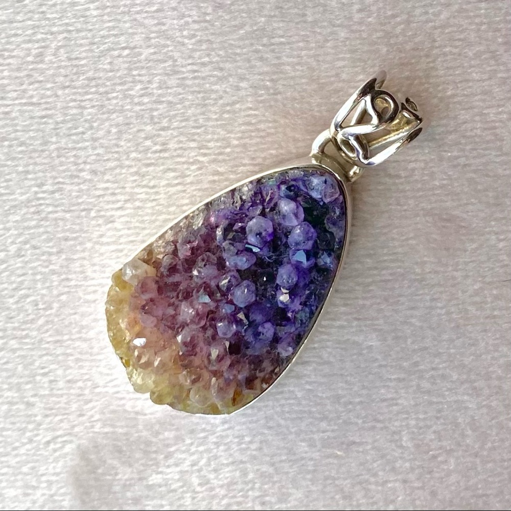 Sterling Silver Amethyst Ametrine Druzy Cluster Pendant